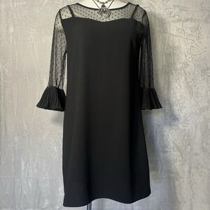 Neb & Girl Dress Womens Medium Shift Black Mesh Bell Sleeves Classic Sheer Panel